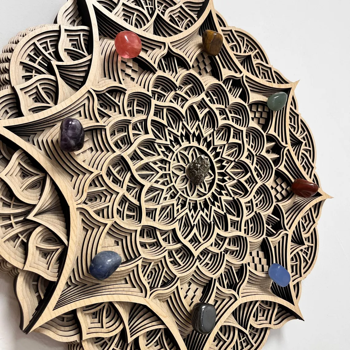 Handcrafted Magnetic Crystal Mandala: Wood Wall Art with Healing Stones for Chakra Meditation